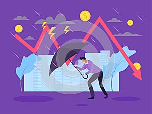 Recession financial crisis concept, slowdown in production vector illustration. Man character with umbrella go against