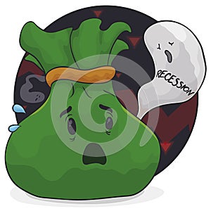 Recession Ghost Scaring a Money Bag over Round Chart, Vector Illustration