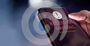 Recession, Inflation Concepts. Close-up of Mobile show Warning Alert on Screen. World Economic Crisis