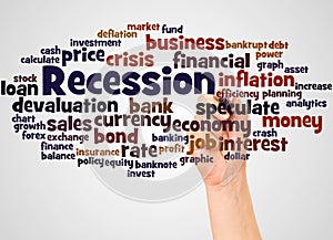 Recession word cloud and hand with marker concept