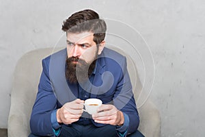 Recharge and reload. Man handsome bearded businessman hold cup of coffee. Coffee break concept. Business people. Best