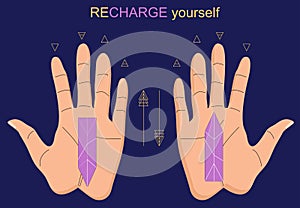 Recharge yourself with crystals.Indian palmistry. Hand with lines of energy and planets signs for personal horoscope.