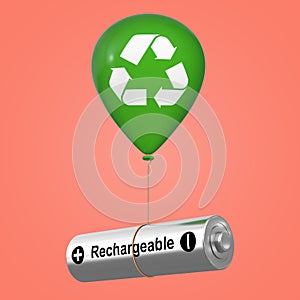 Rechargeable Battery Floating with Green Hellium Balloon with Eco Recycle Sign. 3d Rendering