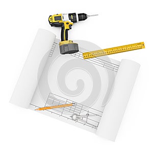 Rechargeable Cordless Drill, Pencil, Ruller and Compass Drawing