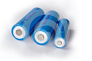 Rechargeable nickel metal hydride batteries different sizes close-up photo