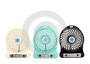 Rechargeable white, blue and black small fan on white background