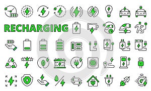 Recharging icons in line design, green. Recharging, battery, icon, charger, power, energy, electric, plug, adapter