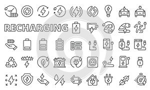 Recharging icons in line design. Recharging, battery, icon, charger, power, energy, electric, plug, adapter, station