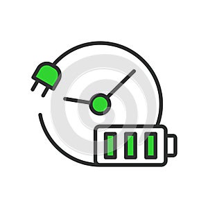 Recharging time, in line design, green. Recharging, time, duration, charge, speed, quick, fast on white background photo