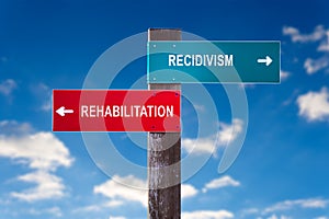 Recidivism versus Rehabilitation - Road sign with two options.