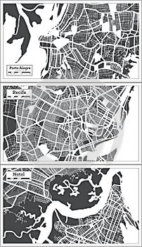 Recife, Natal and Porto Alegre Brazil City Maps Set in Retro Style photo