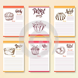 Recipe blanks collection. Dessert objects with hand dawn lettering. Vector food illustration