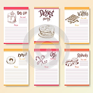 Recipe blanks collection. Dessert objects with hand dawn lettering. Vector food illustration