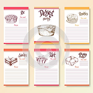 Recipe blanks collection. Dessert objects with hand dawn lettering. Vector food illustration