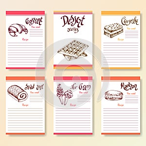 Recipe blanks collection. Dessert objects with hand dawn lettering. Vector food illustration