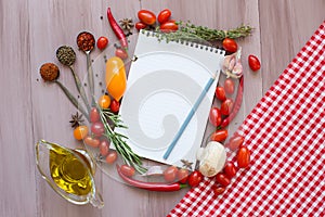 Recipe Book. Background of fresh vegetables