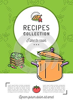 Recipe book Cover menu Cookbook A4 size. Boiling pot, Steam icon, Speech bubble with space for text