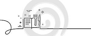 Recipe book line icon. Cutlery sign. Fork, knife. Continuous line with curl. Vector