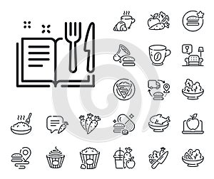 Recipe book line icon. Cutlery sign. Fork, knife. Crepe, sweet popcorn and salad. Vector