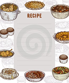 Recipe card. Cookbook page. Design template with collection of delicious food.