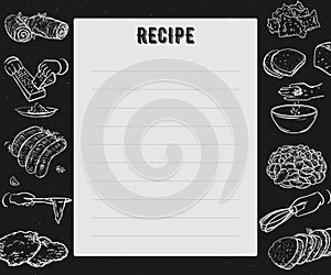 Recipe card. Cookbook page. Design template with hands preparing meals, kitchen utensils and appliances.