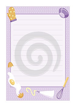 Recipe card. Cooking card template. Culinary notes and sticker with cute ingredients. Menu note template