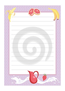 Recipe card. Cooking card template. Culinary notes and sticker with cute ingredients. Menu note template