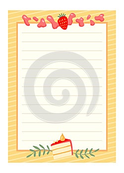 Recipe card. Cooking card template. Culinary notes and sticker with cute ingredients. Menu note template