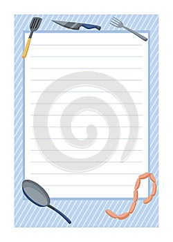 Recipe card. Cooking card template. Culinary notes and sticker with cute kitchen utensils. Menu note template
