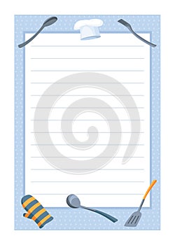 Recipe card. Cooking card template. Culinary notes and sticker with cute kitchen utensils. Menu note template