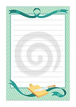 Recipe card. Cooking card template. Culinary notes and sticker with cute kitchen utensils. Menu note template