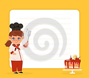 Recipe Card with Happy Girl Chef in Toque with Cake Vector Template