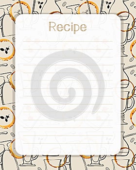 Recipe card lined blank template pattern with doodle glass, coffee, watercolor spot.