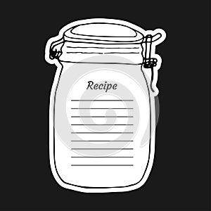 Recipe card with lines text and big jar glass. To use for writing down a recipe. Vector illustration design. Cookbook template