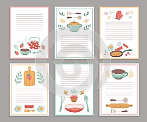 Recipe cards. Culinary book blank pages. Cookbook stickers, cute home menu. Banners for baking cooking with doodle