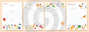Recipe cards. Pages for culinary book decorated with ingredients and kitchen utensils. Food preparation icons. Cook card