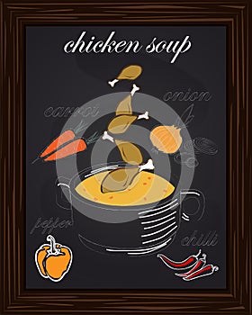 Recipe for chicken soup chicken with carrot, onion, pepper,