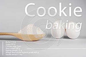 Recipe for a culinary dish of pasta, pizza, cake, cookies. flour and eggs on a white background. products for cooking at home. hea