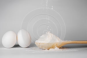 Recipe for a culinary dish of pasta, pizza, cake, cookies. flour and eggs on a white background. products for cooking at home. hea