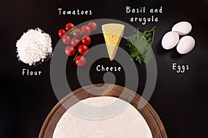 Recipe for Italian pizza. Ingredients are signed are located on a black background of isolated. Top view