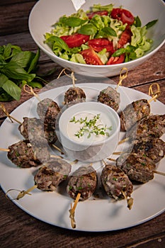 Recipe of kefta, beef skewer, Traditional homemade, with Greek yoghurt sauce, garlic, savory, Arabic and Libanese food