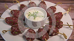 Recipe of kefta, beef skewer, Traditional homemade, with Greek yoghurt sauce, garlic, savory, Arabic and Libanese food