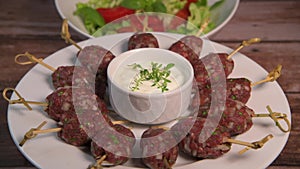 Recipe of kefta, beef skewer, Traditional homemade, with Greek yoghurt sauce, garlic, savory, Arabic and Libanese food