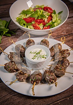 Recipe of kefta, beef skewer, Traditional homemade, with Greek yoghurt sauce, garlic, savory, Arabic and Libanese food