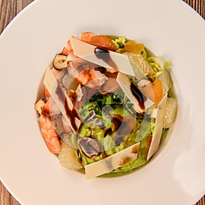 RECIPE FOR MIXED SALAD, BOTTARGA, AVOCADO, SHRIMP, CHINESE GRAPEFRUIT, SUCRINE SALAD, PARMESAN, HAZELNUT, BALSAMIC