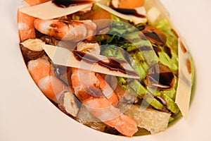 RECIPE FOR MIXED SALAD, BOTTARGA, AVOCADO, SHRIMP, CHINESE GRAPEFRUIT, SUCRINE SALAD, PARMESAN, HAZELNUT, BALSAMIC