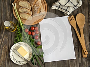 Recipe mockup or menu on wooden background with healthy food ingredients on wooden background. Can be used as grocery list, meal