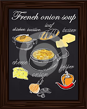 recipe for onion soup with peppers, cheese, butter, a loaf, onion, chicken bouillon photo