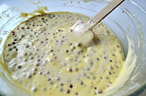 Recipe sequence of fruit sponge cake baking preparation.