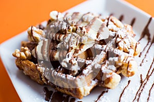 A waffle, also cited with the foreign words waffle, wafol, wafel or waffle, is a typical Belgian and northern French breakfast. photo